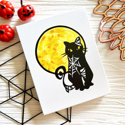 【アートパネル】Halloween -月猫-  【切り絵×ちぎり絵】　黒猫　ハロウィン　おしゃれインテリア　個性的アート 1枚目の画像