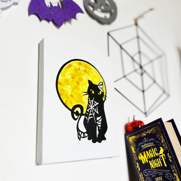 【アートパネル】Halloween -月猫-  【切り絵×ちぎり絵】　黒猫　ハロウィン　おしゃれインテリア　個性的アート 3枚目の画像