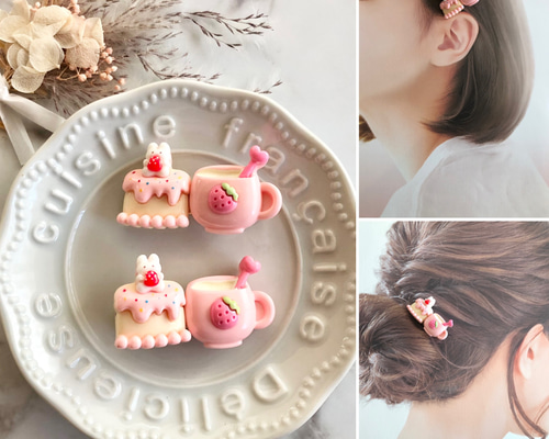 ヘアリボン ハンドメイド ヘアクリップ スイーツ柄 ウサギ