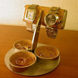 腕時計スタンド　だ円パイプ2本掛け三つの丸い小物入れ付き腕時計スタンド 1枚目の画像