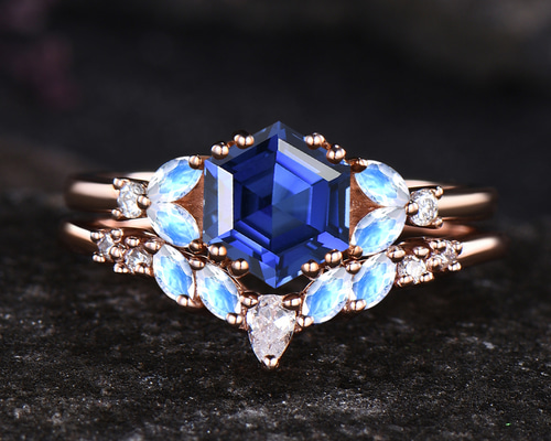 9 月の誕生石 ブルー サファイア エンゲージメント リング セット 6 月