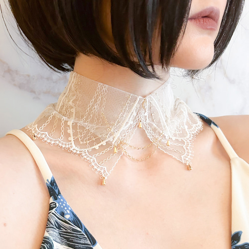 ホワイト：夢から覚めた眠りの妖精：幅広レースの付け襟チョーカー