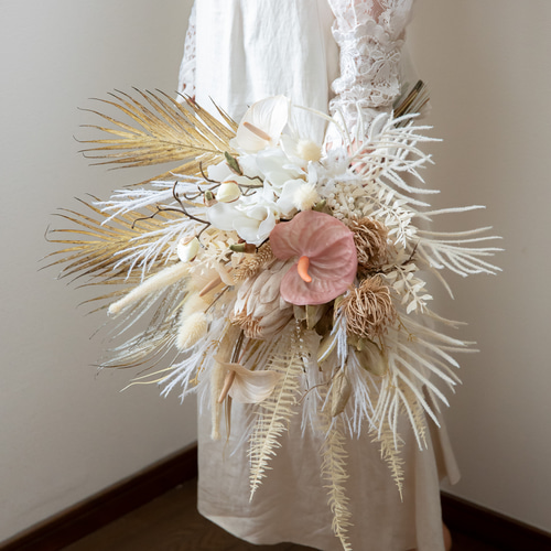 ドライフラワー風ブライダルブーケC】パンパスグラス・マグノリア（白  