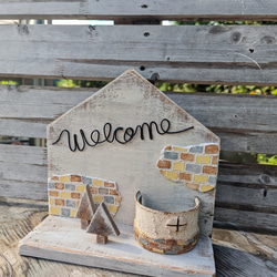 受注制作】リメ缶 モルタルレンガ風 No.10 ウッドスタンド付き 多肉  