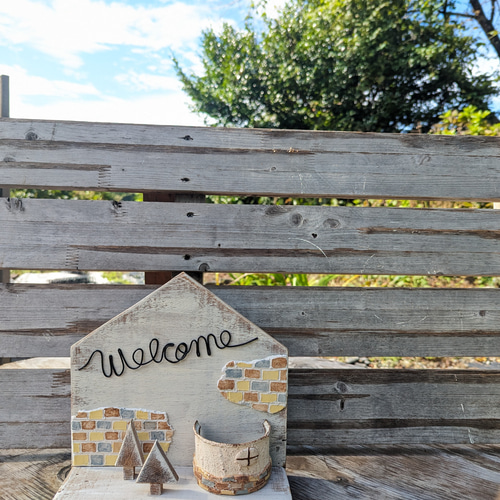 受注制作】リメ缶 モルタルレンガ風 No.10 ウッドスタンド付き 多肉  