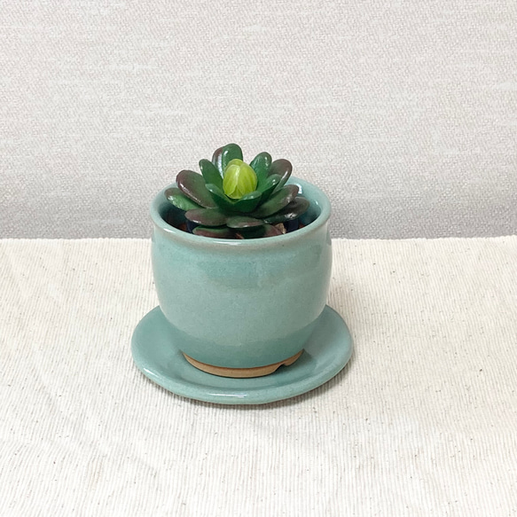 小ぶりな植木鉢　〜レトロな翠色・受け皿付き〜 2枚目の画像