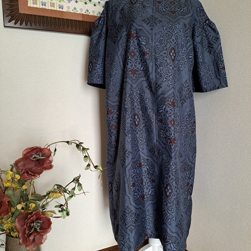 ☆ 着物リメイク/村山大島紬/フリル袖/ワンピース/一点物  