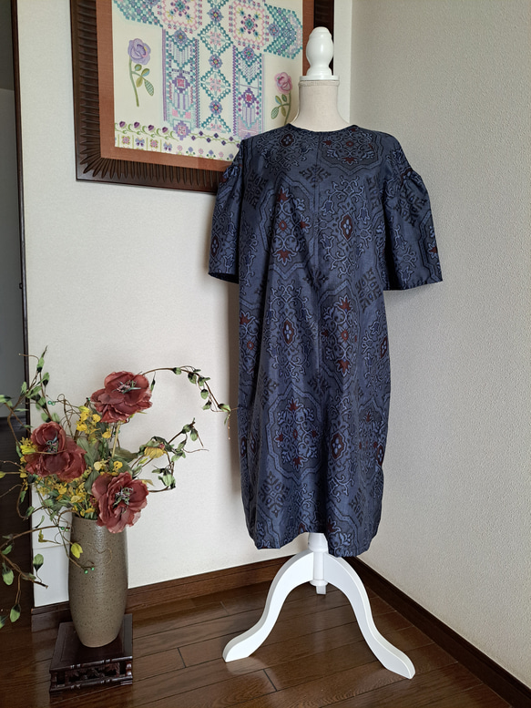 ☆ 着物リメイク/村山大島紬/フリル袖/ワンピース/一点物  