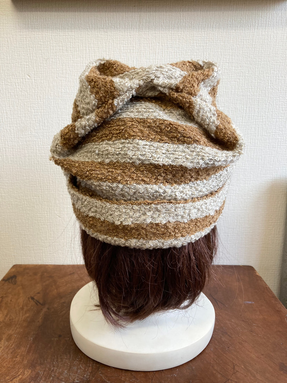 寬鬆無簷小便帽❤️ 邊框圖案針織帽（米色）尺寸隨意 LL 58-60cm 第6張的照片