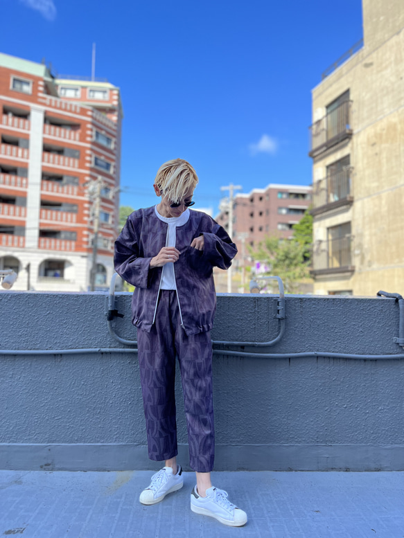 紫炎の紬　ノーカラーパフスリーブジャケット着物リメイク　パンツ参考商品 6枚目の画像