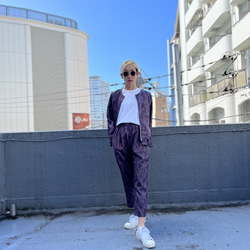 紫炎の紬　ノーカラーパフスリーブジャケット着物リメイク　パンツ参考商品 3枚目の画像