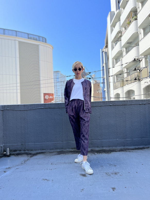 紫炎の紬　ノーカラーパフスリーブジャケット着物リメイク　パンツ参考商品 3枚目の画像