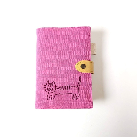 ねこ*ほぼ日手帳カバー(オリジナル用)留め具で開き防止 ペンホルダー 文庫本A6 布 ヴィンテージ帆布*ピンク 9枚目の画像