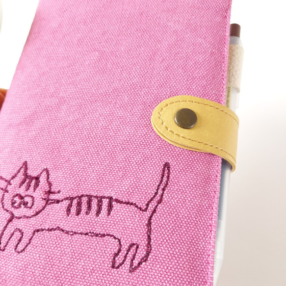 ねこ*ほぼ日手帳カバー(オリジナル用)留め具で開き防止 ペンホルダー 文庫本A6 布 ヴィンテージ帆布*ピンク 20枚目の画像