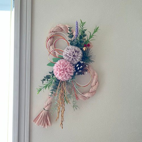 No.96 カラー八の字しめ縄リース2024 ハンドメイドお正月飾り玄関