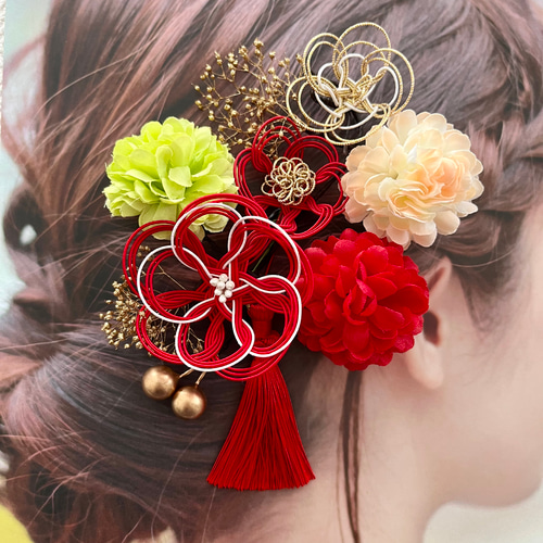 ꕤ 水引髪飾り 成人式 赤 振袖 結婚式髪飾り 和装 卒業式 髪飾り 水引