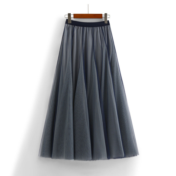 ネイビーxグレー ダブルチュールのスカート プリーツスカート 1枚目の画像