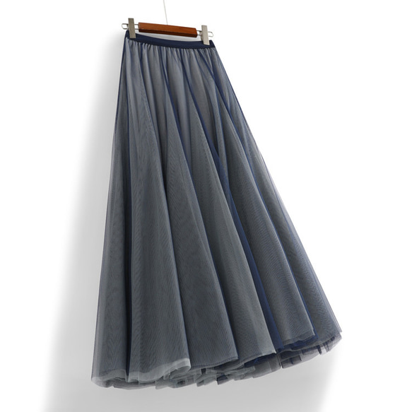 ネイビーxグレー ダブルチュールのスカート プリーツスカート 2枚目の画像