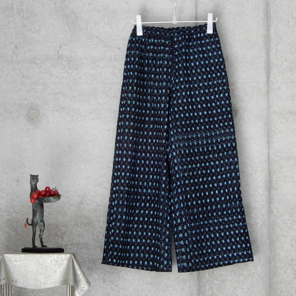 着物リメイク　木綿　久留米絣のワイドパンツ/フリーサイズ  L 3枚目の画像