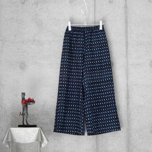 着物リメイク 木綿 久留米絣のワイドパンツ/フリーサイズ L