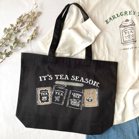 【６月初旬発送】紅茶のトートバッグ（黒）｜ティーバッグエンベロープ 3枚目の画像
