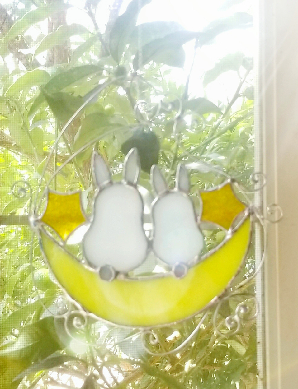 ステンドグラス　三日月とうさぎのモビール