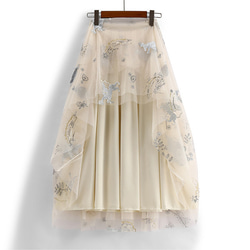 シックなスパンコールと刺繍の模様 ダブルチュールのスカート アンズ色のプリーツスカート 3枚目の画像