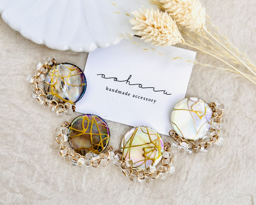 #985D ゴールド クリア じゃらじゃら ハンドメイド ピアス イヤリング JaraJara☆clear×gold 大ぶり ピアス/イヤリング | fancy_chiya