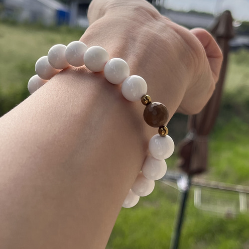 七宝シャコ貝♡珪化木♡蓮チャーム♡men'sサイズ 数珠ブレス