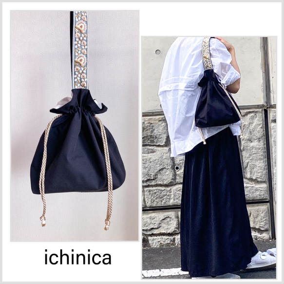 SALE] インド刺繍リボン ワンハンドル 巾着バッグ 巾着バッグ
