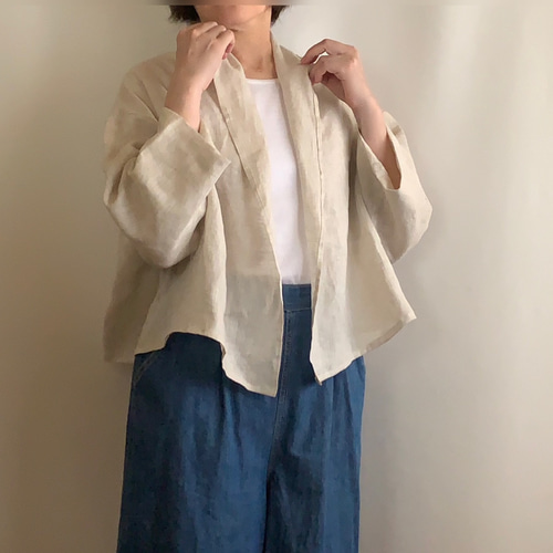 薄手リネンの軽やかカーディガンジャケット＊秋＊生成り ジャケット  