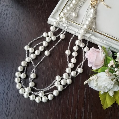 展示品】コットンパールとお花の愛らしいネックレス （着こなし色々 