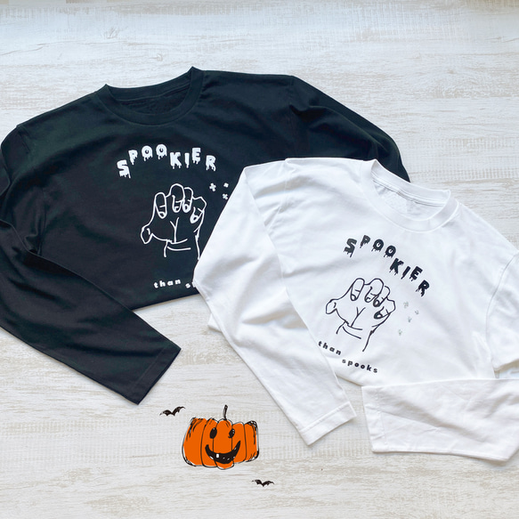 ホラーTシャツ おばけよりもこわいのは・・ 長袖 こども＆おとなサイズ ロンT ハロウィン 1枚目の画像