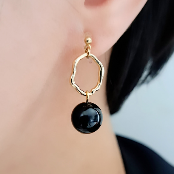 14kgfブラックオニキス・ブラックダイヤモンドピアス/イヤリング ブラックオニキスの14KGF6本爪スタッドピアス6ミリ/サージカル