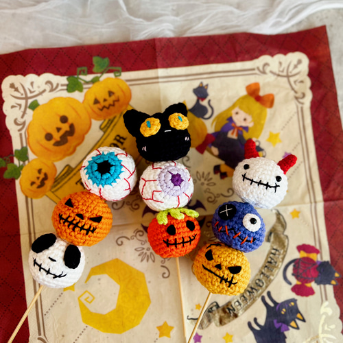 ネコかぼちゃ　バケッチャ　編みぐるみ　秋ハロウィン　飾り　かぎ編み撮影小物　置物