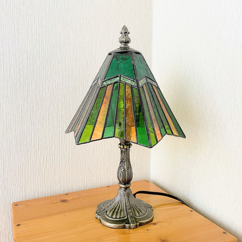 ストライプ（ステンドグラスのテーブルランプ）グリーン×オレンジ