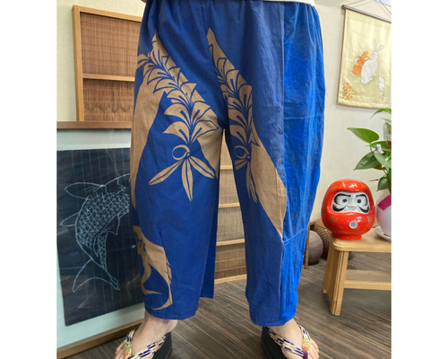 JALの法被の柿渋染めタックパンツ ハンドメイド ハーフパンツ 着物 