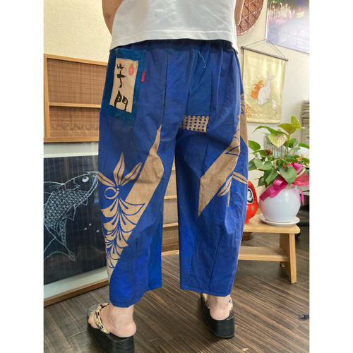 JALの法被の柿渋染めタックパンツ ハンドメイド ハーフパンツ 着物 