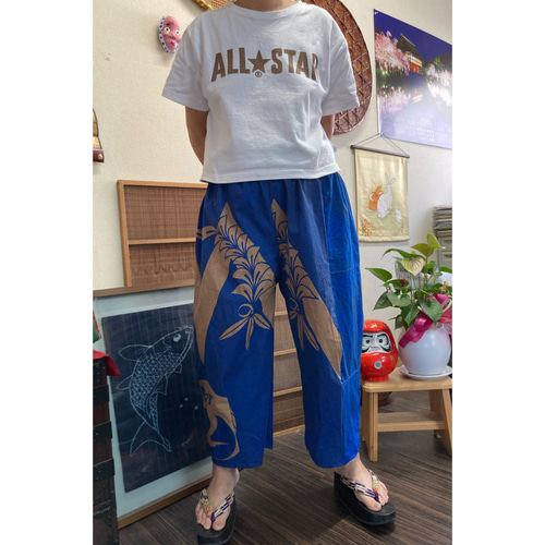 JALの法被の柿渋染めタックパンツ ハンドメイド ハーフパンツ 着物 