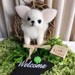 羊毛フェルト ホワイトチワワのウェルカムリースS 羊毛フェルト Hand