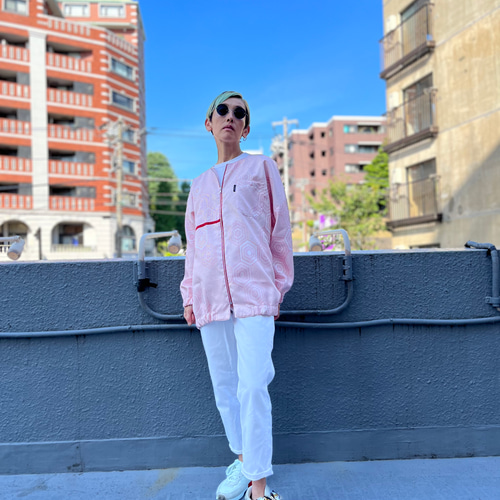 紅白紬 ノーカラーパフスリーブジャケット 着物リメイク 特別価格