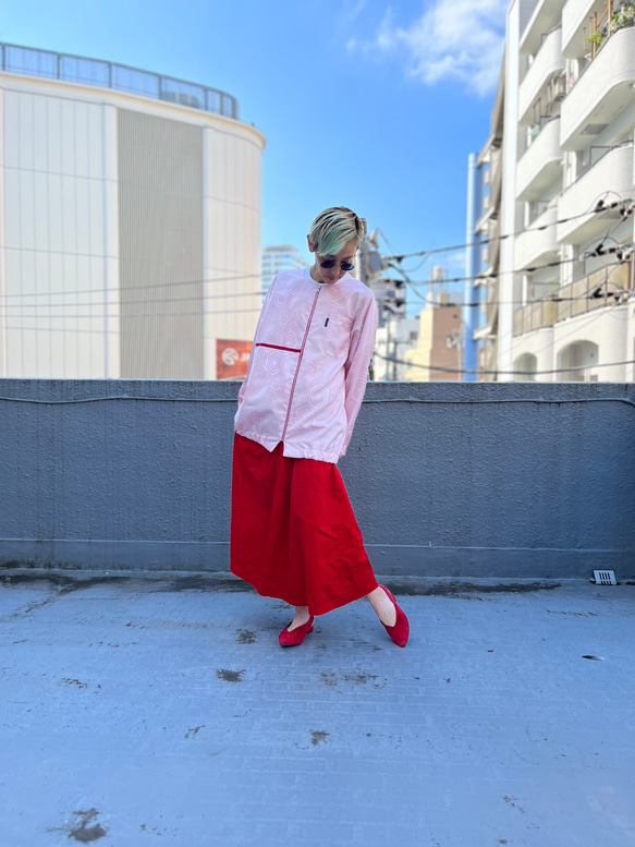 紅白紬 ノーカラーパフスリーブジャケット 着物リメイク 特別価格