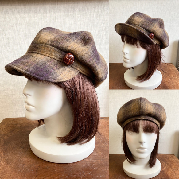 特價★可愛格紋❤️法蘭絨材質格紋報童帽（棕紫色）尺寸M 57cm 第15張的照片