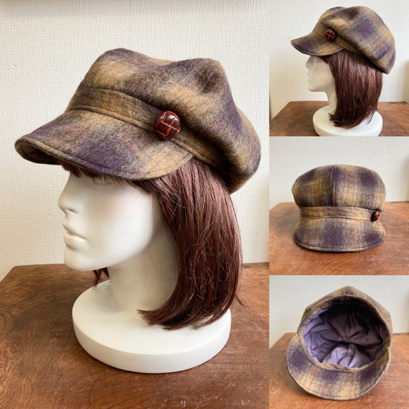特價★可愛格紋❤️法蘭絨材質格紋報童帽（棕紫色）尺寸M 57cm 第2張的照片
