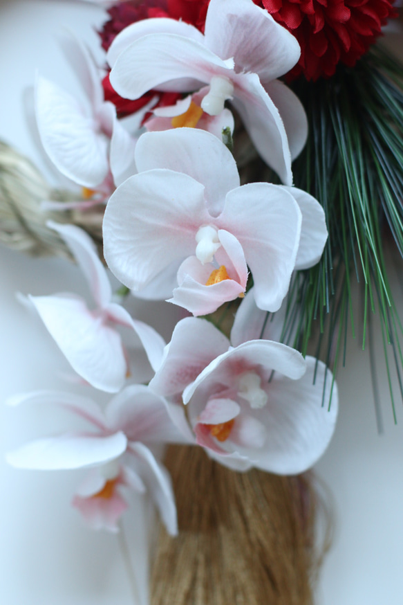 お正月飾り『百祥』 淡いピンクの胡蝶蘭と赤唐辛子のしめ飾り 4枚目の画像