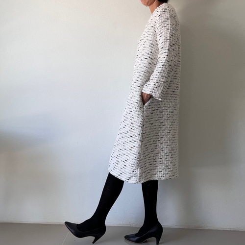 エーラインワンピース ホワイトミックスカラー ツイード 秋冬 膝丈