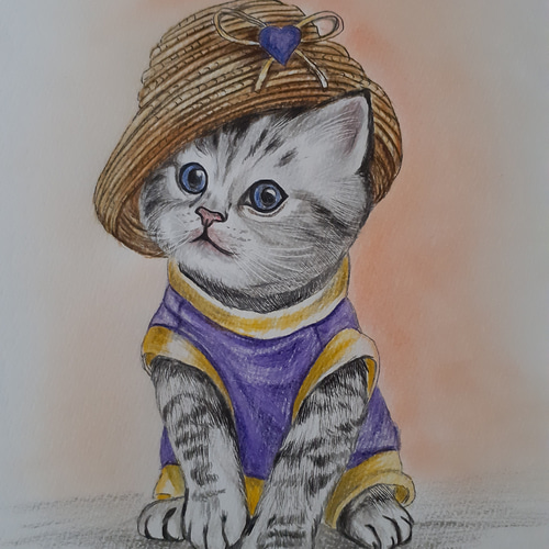 色鉛筆画 帽子の似合う子猫ちゃん 絵画 makochin 通販 16561020
