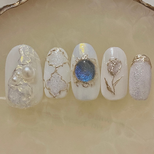 ニュアンス アンティーク ミラー 花 ぷっくり マグネット ビジュー  