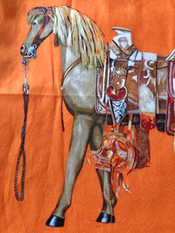 ハンドメイド ぺたんこBigトートバッグ 馬柄 オレンジ 2枚目の画像