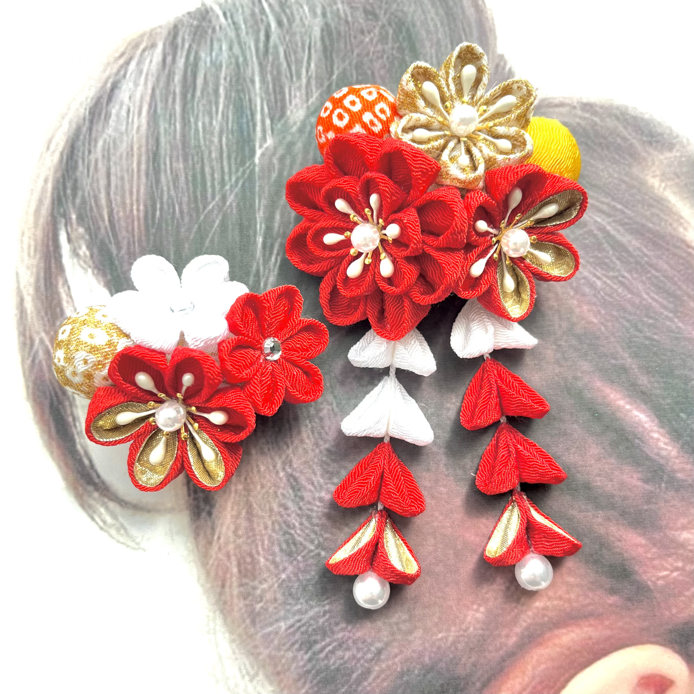 6-68 赤色×白色 七五三髪飾り 新米ママさま専用